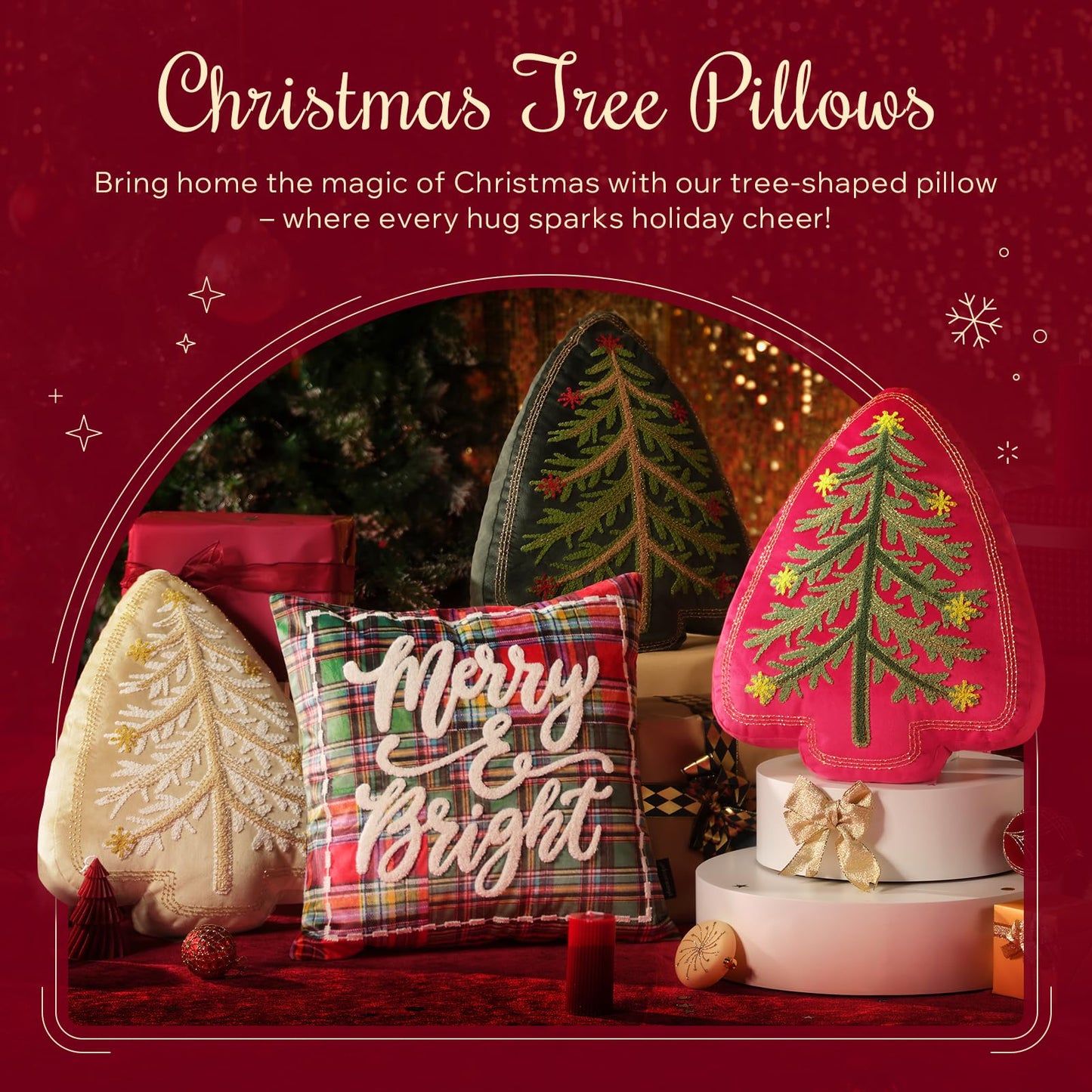 Phantoscope Merry Christmas Tree Decorative Throw Pillow, Velvet Beads Embroidery 3D Shaped Cushion, Suitable for Sofas, Living Rooms, and Beds, Red, 18 x 14 in