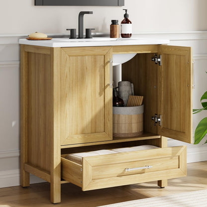 IDEALHOUSE 30" Bathroom Vanity with Sink, Freestanding Wooden Bathroom Vanity Cabinet with Soft-Closing Door and Metal Handle, Modern Floor Standing Storage for Small Spaces,Natural Wood