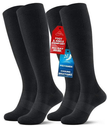 PULIOU Cooling Compression Socks for Women Men, 20-30 mmHg Circulation Knee High for Travel, Flying, Running, 2 Pairs(Black,S-M