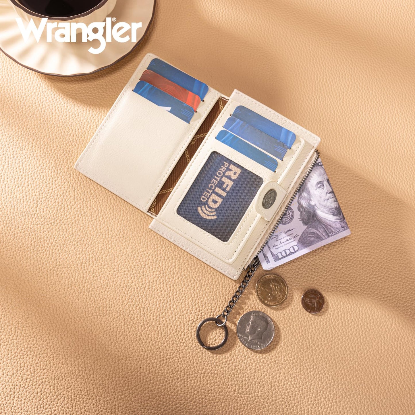 Montana West X Wrangler Keychain Wallet Western Tooled Credit Card Holder Slim Minimalist Wallet with Rfid Lining and Smooth Metal Zipper