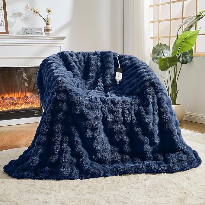 Heated Blanket Electric Throw Blanket 72''X 84''-Heating Blanket with 6 Heat Settings-10 Hours Auto Off,Cozy Faux Rabbit Fur Bubble Electric Blanket,Navy Blue