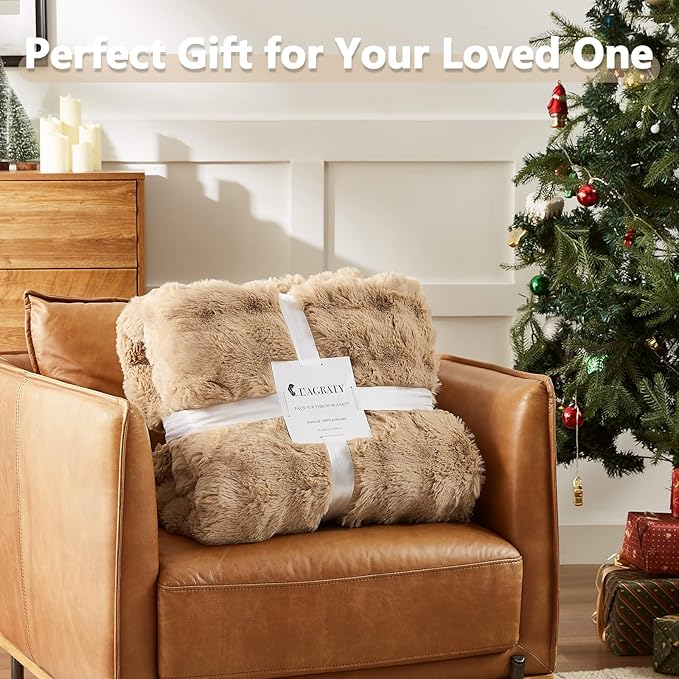 L'AGRATY Faux Rabbit Fur Blanket: 90" x 90" Queen Luxury Soft Fluffy Thick Fur Throw Blanket for Couch Bed - Cozy Plush Bubble Blankets for Winter: Flannel Fleece Decorative Blanket(Milk Tea Brown)