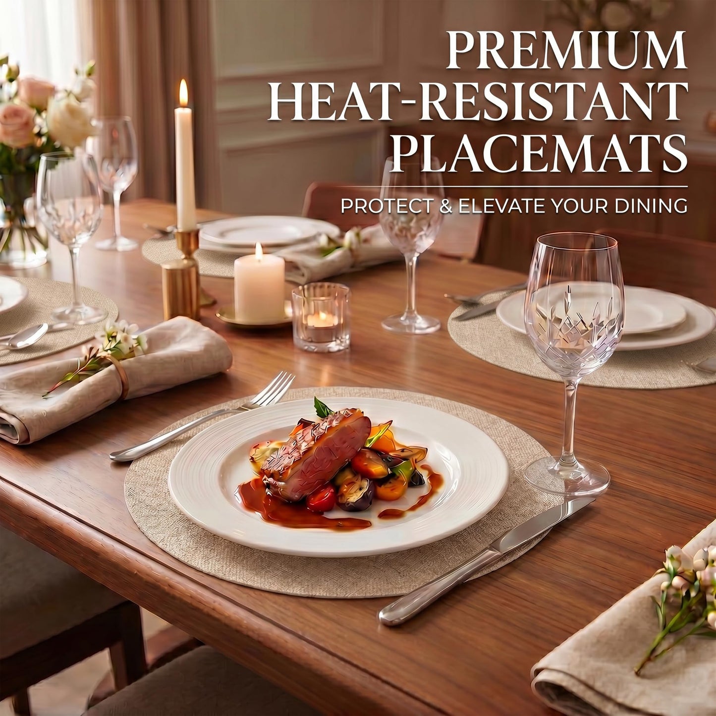 Faux Leather Placemats Set of 6, Wipeable Waterproof Stain Resistant Table Mats, Heat Resistant Thick Placemats with Hand-Painted Edges for Kitchen Dining, Imitative Linen Texture, Various Shapes