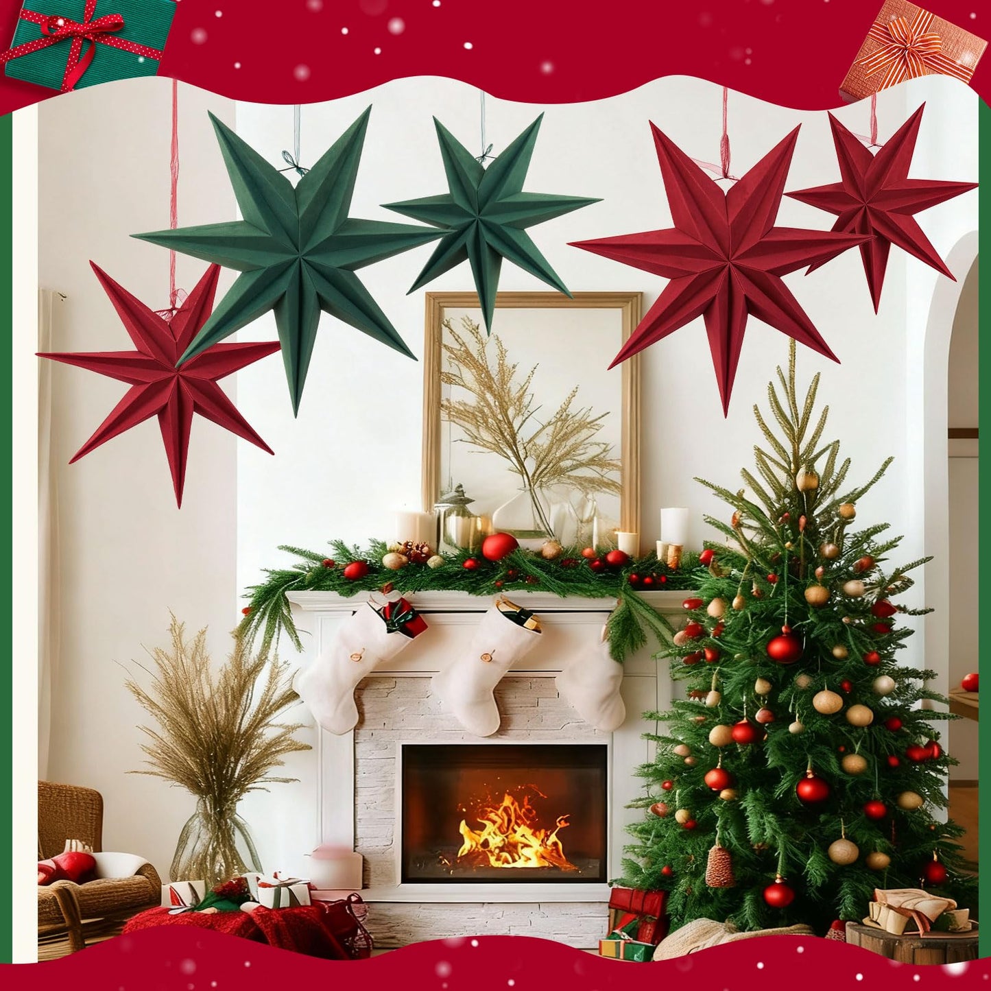 SUNBEAUTY Christmas 5Pcs Flocking Stars 7 Pointed 18 Inch 12 Inch Green Red Hanging Stars Lanterns Christma Hanging Lamp Decorations Wedding Birthday Christmas Home Party