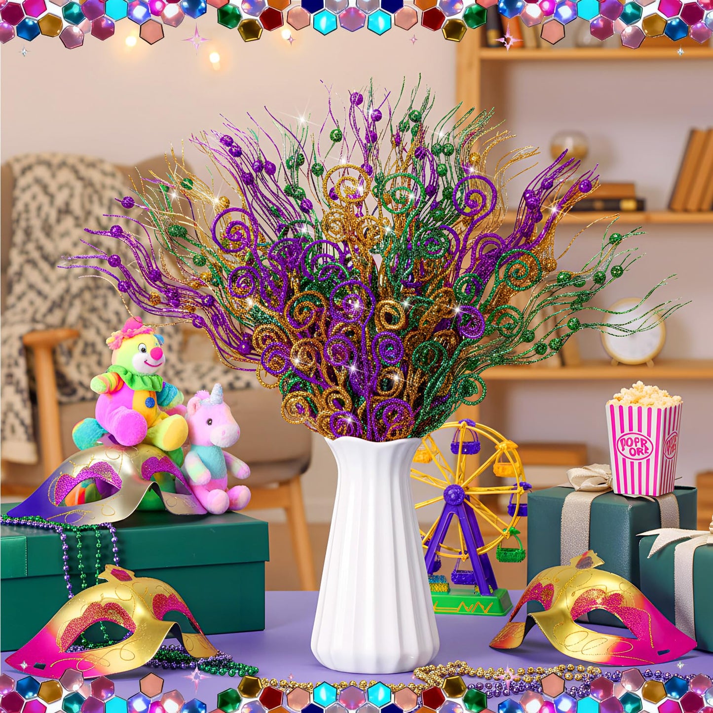 Daifunli 36 Pcs Mardi Gras Decorations Mardi Gras Picks Purple Gold Ornaments 17'' 12'' Artificial Glitter Berry Picks and Sprays Branches for Carnival Party Wreath Vase