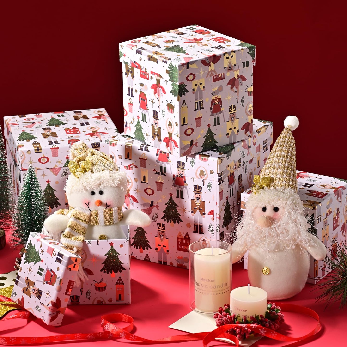 PAPER FAIR 5PCS Christmas Nesting Gift Boxes with Lid, Xmas Nested Box Set, 5 Sizes, Square Stackable, White Ballerina Nutcracker Paper Box Tower Décor, for Holiday Thanksgiving New Year Packaging