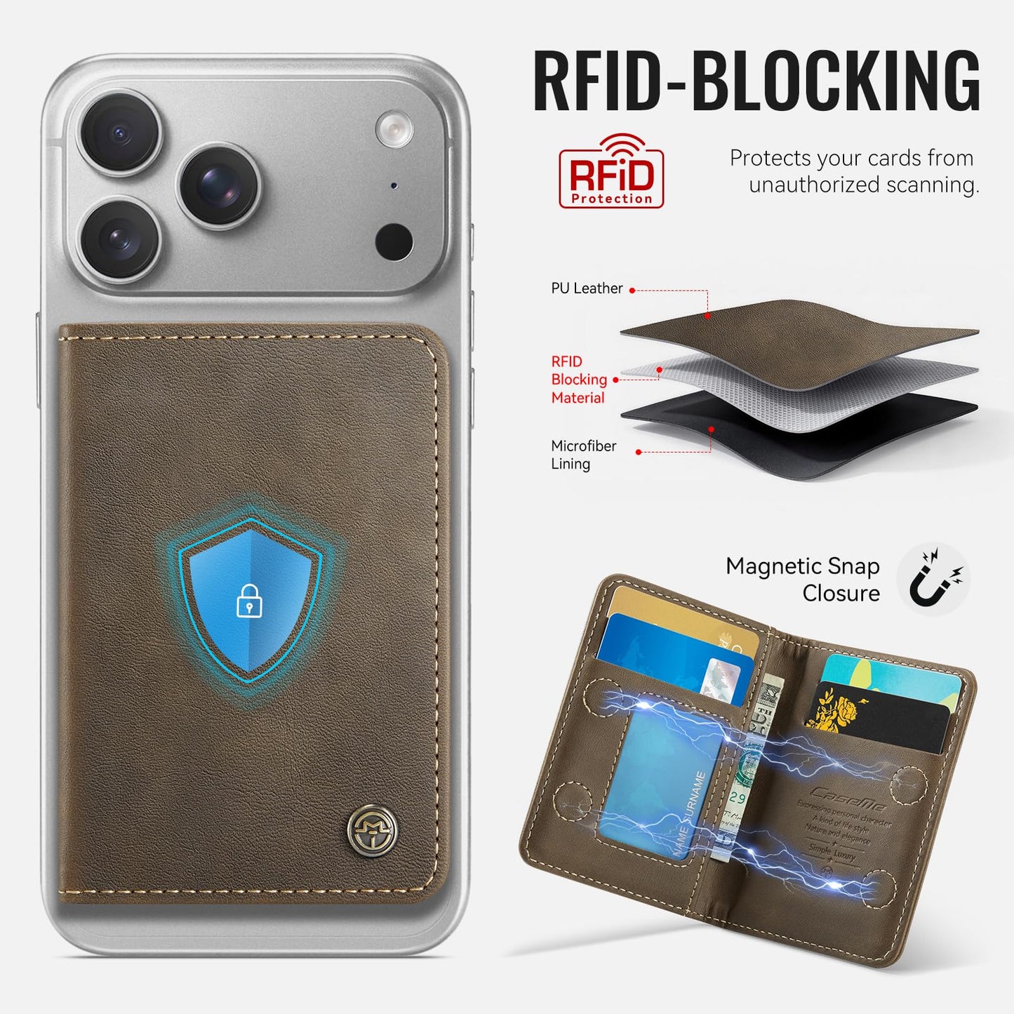 XIMAND Magnetic Wallet Card Holder with RFID Protection, PU Leather Slim Wallet, Strong Magnet Attachment for iPhone 18/17/16/15/14/13/12 Series Pro Max Plus Mini-Brown