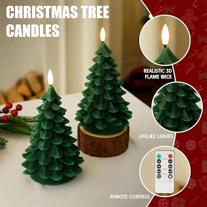 Christmas Tree Candles with Remote, Green Battery Operated Candles with Flickering 3D Wick, Real Wax LED Flameless Candles for Holiday Table Centerpiece, Xmas Eve Party Decor, 2 Pack