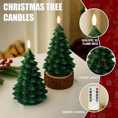 Christmas Tree Candles with Remote, Green Battery Operated Candles with Flickering 3D Wick, Real Wax LED Flameless Candles for Holiday Table Centerpiece, Xmas Eve Party Decor, 2 Pack