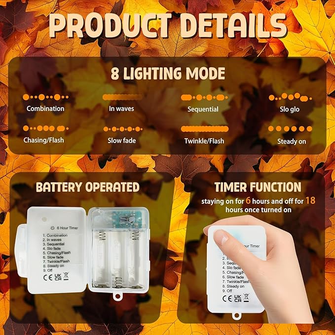 LOLStar Fall Decor Lights, 9.8FT 20 LED Thanksgiving String Lights, Battery Operated (Not Included) with Timer Function and 8 Flash Modes, Pumpkin, Maple Leaf, Acorn Light for Autumn Home Indoor Decor