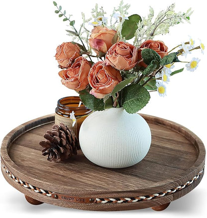 Decor Decorative Round Tray 11.81in for Home Decor for Coffee Table Farmhouse Kitchen Table Living Room Bathroom Centerpiece Tray Decor Rustic + Stripes
