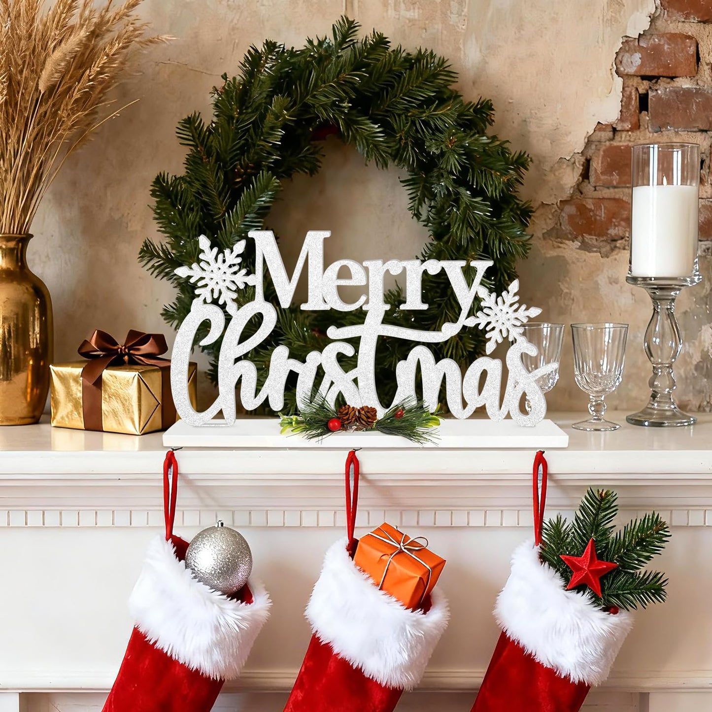 Wooden Christmas Decoration Merry Christmas Tabletop Decor, Snowflake Glitter Shining Xmas Table Sign, Farmhouse Rustic Winter Centerpiece for Home Kitchen Bedroom Tiered Tray Mantel Decor