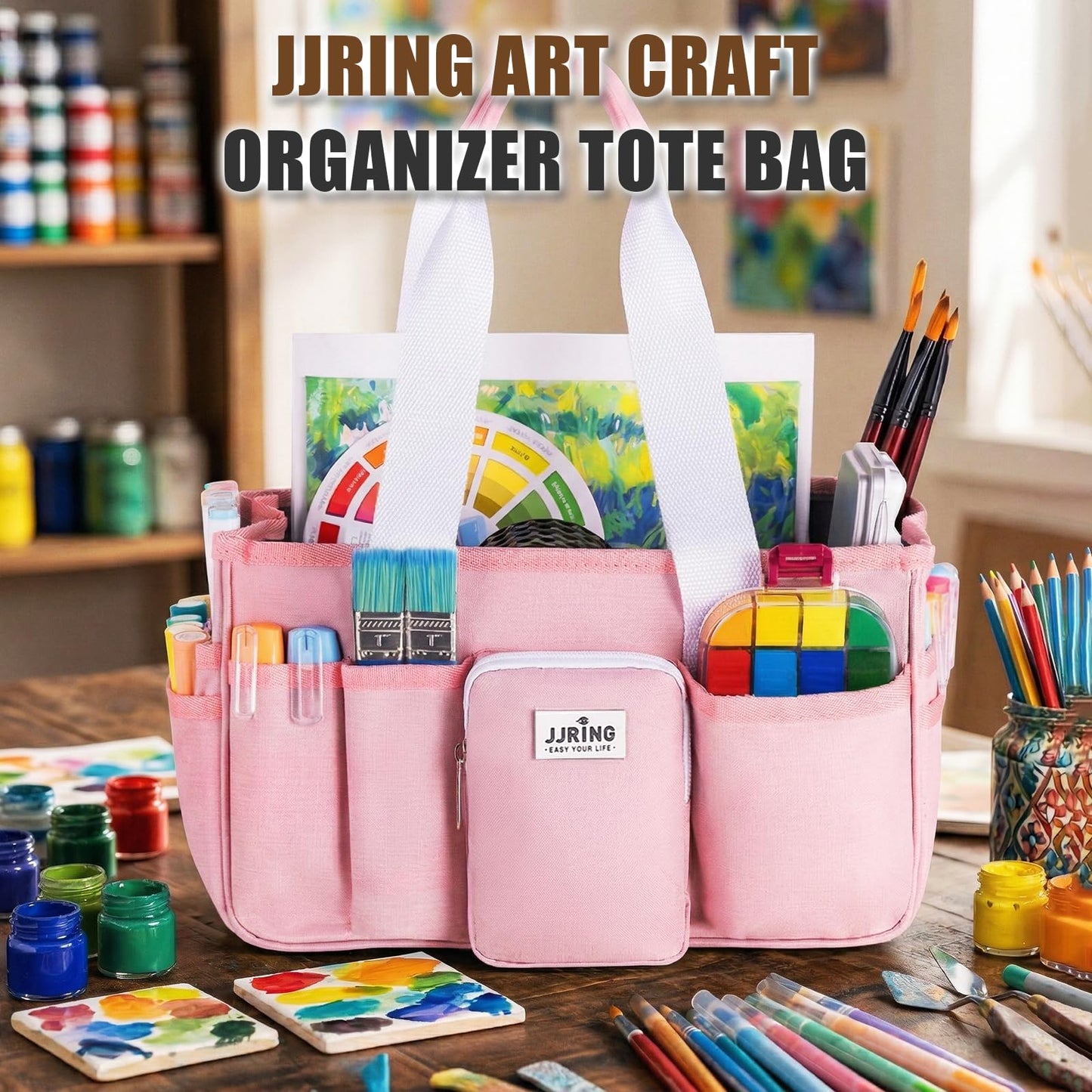 Jjring Craft Organizer Tote Bag, Portable Art Caddy with Adjustable Divider&Secure Zipper Pocket, Foldable Storage Tote for Scrapbooking, Sewing, Artist and Home(Pink)