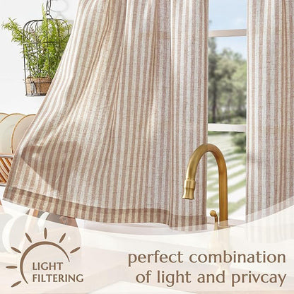 jinchan Striped Linen Kitchen Curtains 45 Inches Length Tier Curtains Farmhouse Modern Cafe Style Small Window Treatments Airy Light Filtering Rod Pocket for Living Room Bathroom 2 Panels Tan