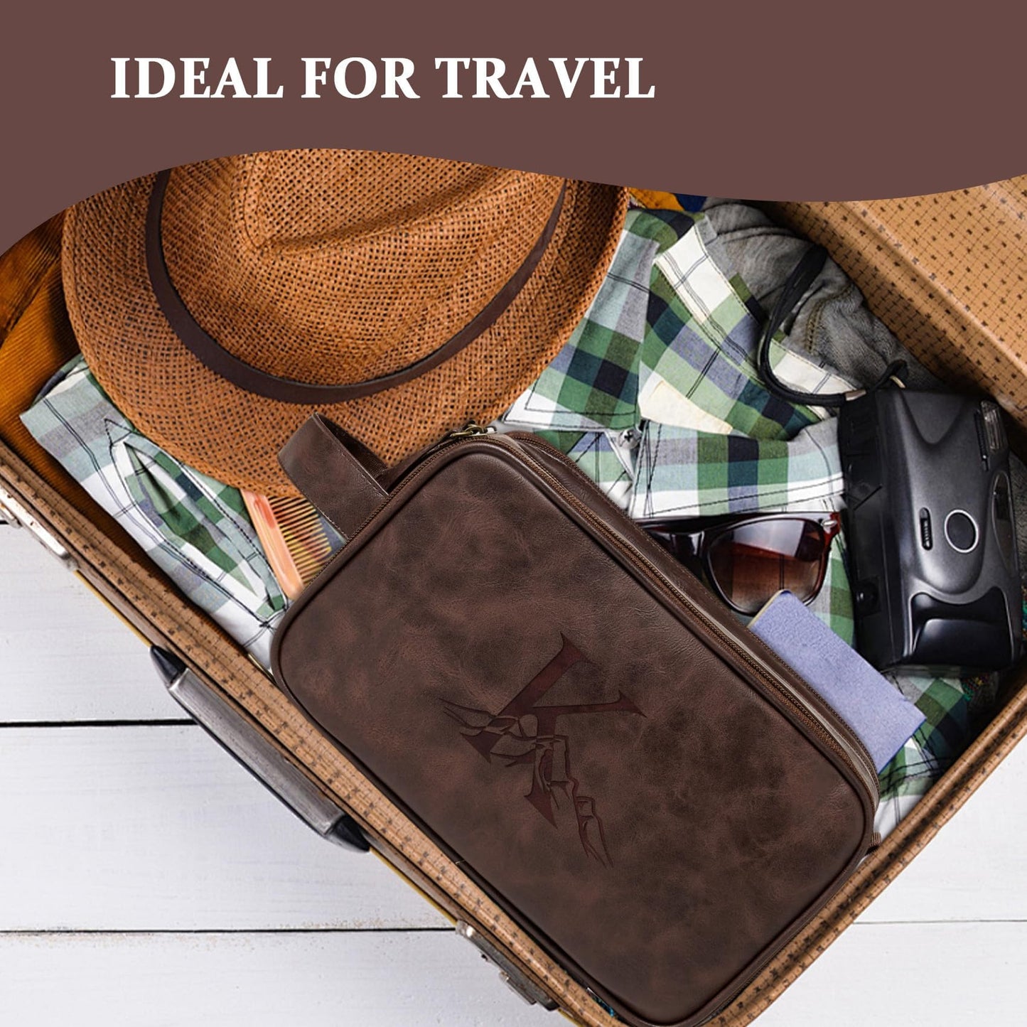 Janhavi Travel Toiletry Bag For Men Waterproof, Groomsmen Gifts Personalized Leather Engraved Initials & Mountain, Mens Dopp Kit Bag, Birthday Gifts For Men, Travel Tssentials (Dark Brown A)