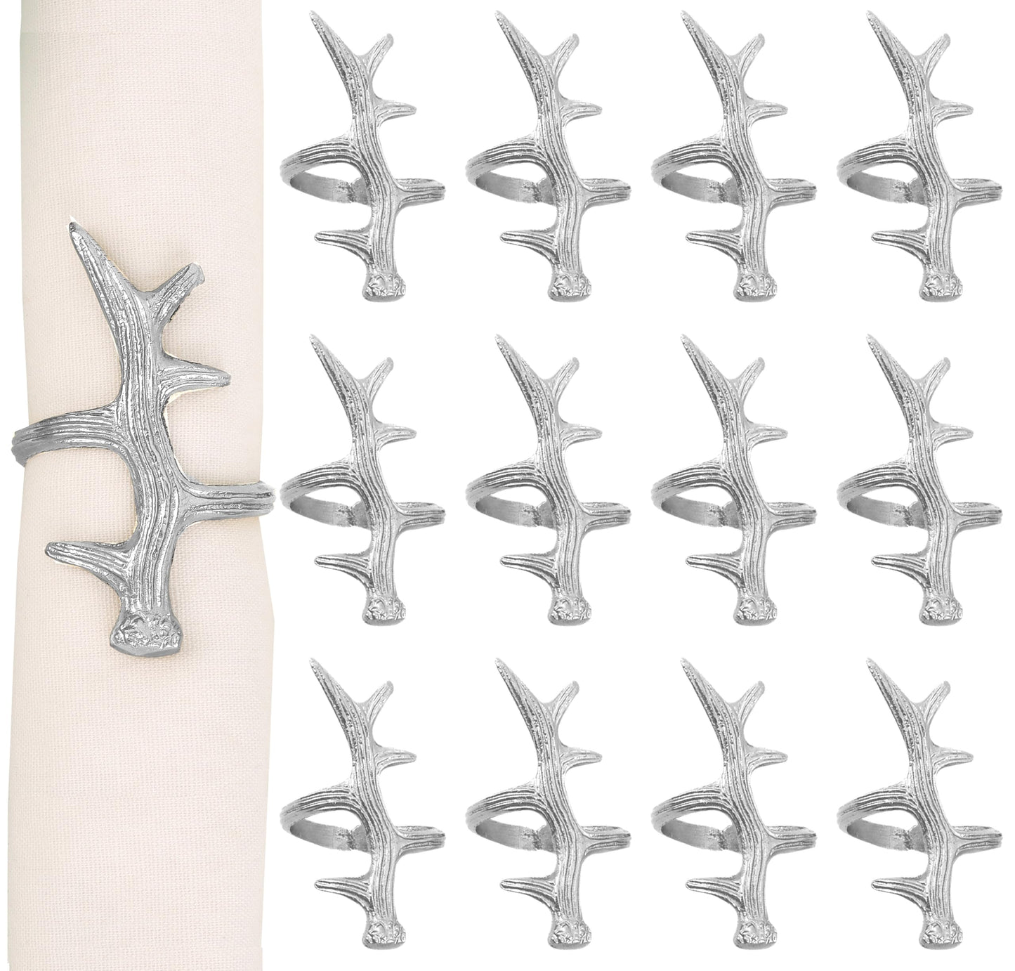 Set of 12 Antler Napkin Rings for Dining Table Décor - Rustic Metal Napkin Holder Rings for Christmas, Weddings, Parties, Holiday Dinner & Everyday Use (Silver) - ALPHA Living HOME