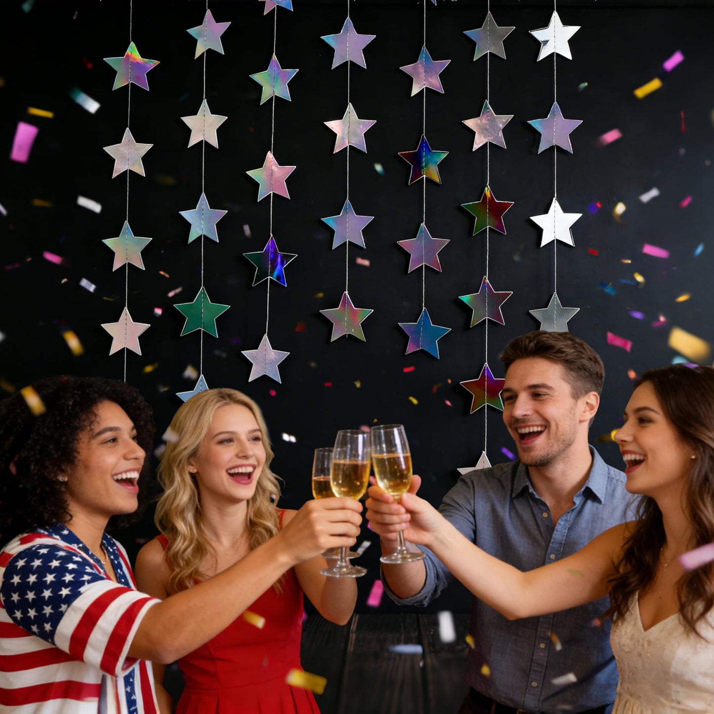 Iridescent-Star-Garland 90FT – 240 Pcs Sparkling Star Streamers-Hanging Glitter Star Banner Backdrop for Birthday, Baby Shower, Wedding, Christmas Party Decorations (6 Packs)