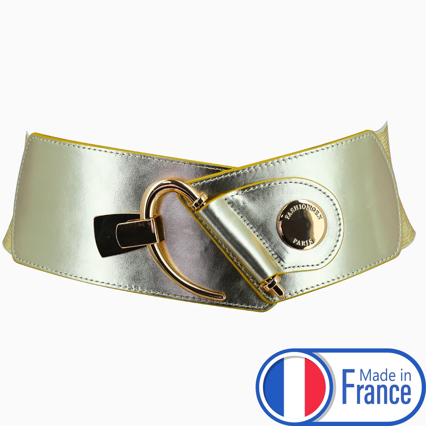 FASHIONGEN - Cowhide leather elastic belt for women, DARLENE - Golden, X-Large/waist size 34 to 36