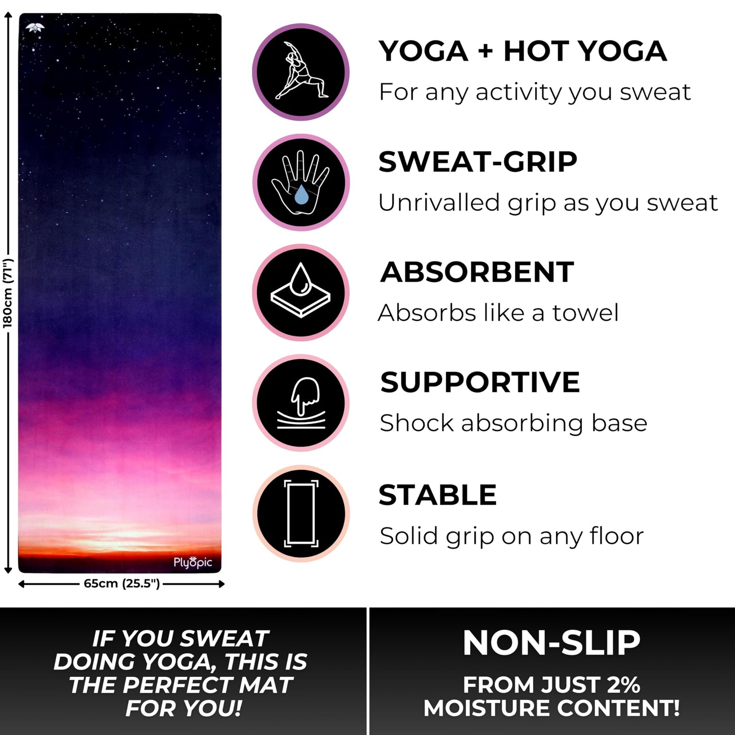Plyopic. All In One Yoga Mat | Luxury Sweat-Grip Mat/Towel Combo | Ideal for Yoga, Hot Yoga, Bikram, Pilates, Workout & Exercise | Eco-Friendly Natural Rubber