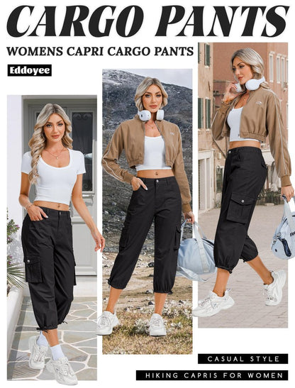 Eddoyee Cargo Capris for Women Cotton Hiking Pants with 6 Pockets Elastic High Waist Casual Summer Pants Black