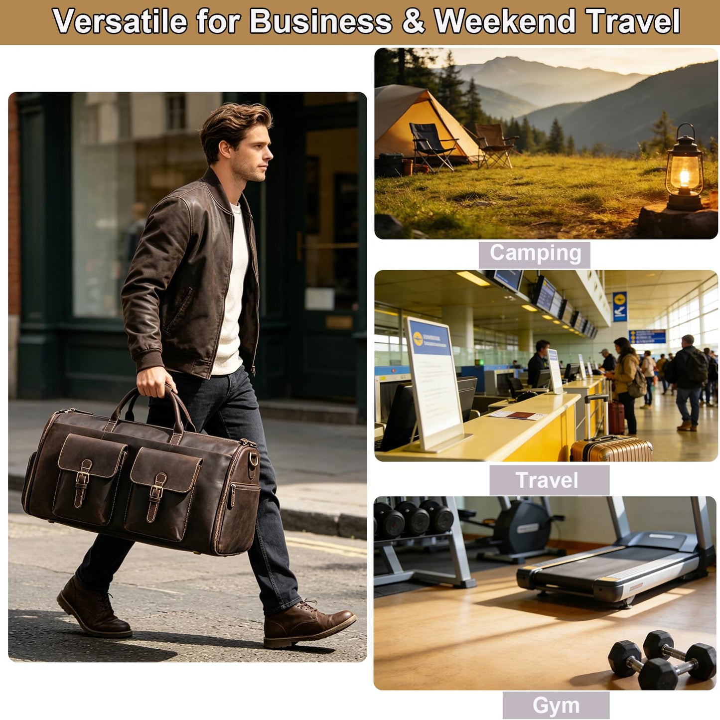 Yevabo Full Grain Genuine Leather Garment Bag for Men 2 in 1 Convertible Suit Travel Duffel Weekender Overnight Bag with Shoe Compartment Business Carry On Luggage, Dark Brown