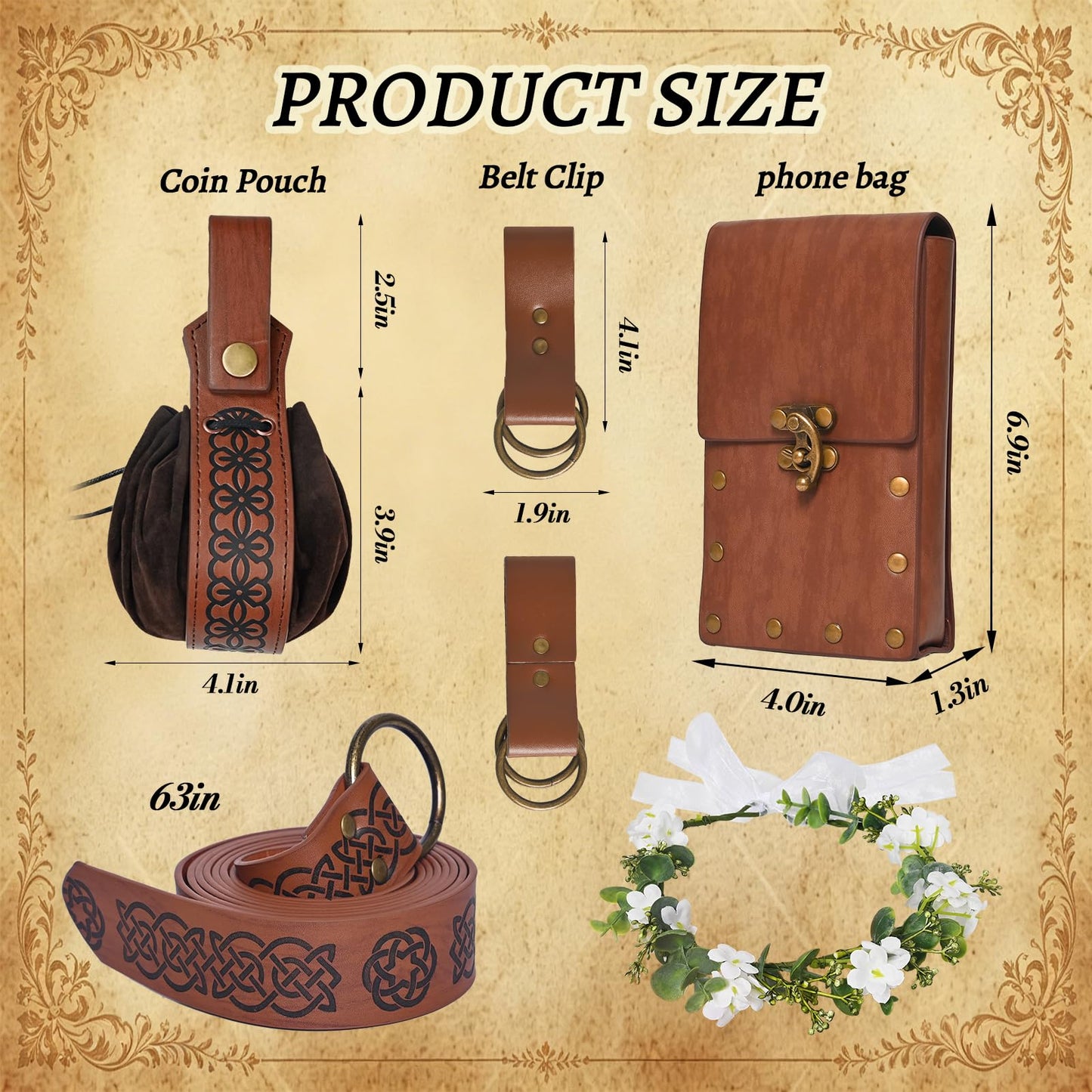 Renaissance Belt Pouch Set, Medieval Accessories, Pirate Belt with Coin Purse & Floral Headpiece for Cosplay (Brown)