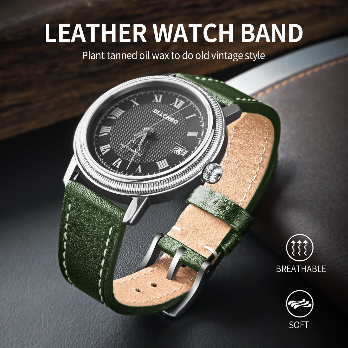 ULLCHRO Leather Watch Straps for Men & Women - Quick Release - Stainless Steel Buckle - Replacement Strap - Band With 17mm, 18mm, 19mm, 20mm, 21mm, 22mm (20mm, Green)