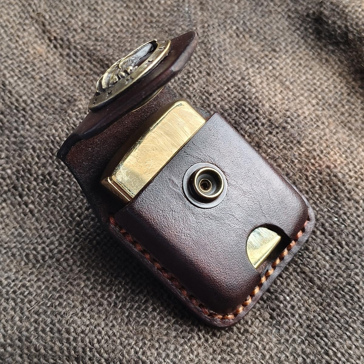 Gucaibu Leather Lighter Case, Dark Brown Western Style with Bronze Eagle Medallion, Handcrafted Holder