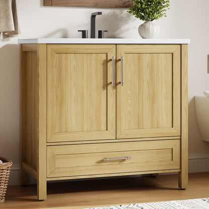 Garvee 30" Bathroom Vanity with Sink, Freestanding Bathroom Sink Cabinet with 2 Soft-Closing Doors & Large Storage Drawer, Wood Vanity Cabinet, Easy Assembly & Cleaning, Natural Wood