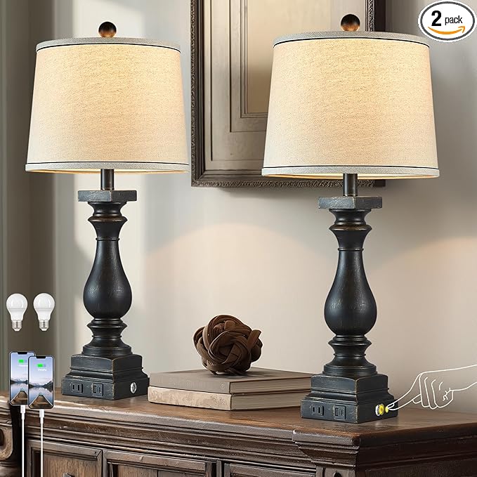 28" Tall Farmhouse Table Lamps Set of 2 with USB C+A Ports and AC Outlet, 3 Way Touch Control Rustic Bedside Lamp for Bedroom, Black Vintage Nightstand Lamp for Living Room Office