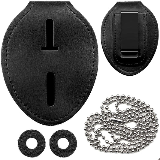 JRLCTECH Police Badge Holder, Law Enforcement Badge Holder, Made of Cowhide, Black Universal Badge Belt Clip Holder Include Metal Clip and Neck Chain