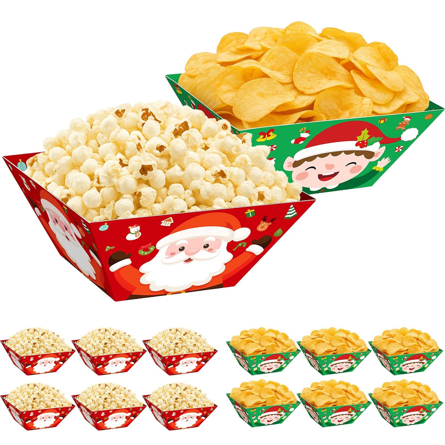 Marspark 12 Pcs Christmas Popcorn Bowls Disposable Treat Snack Boxes Popcorn Candy Cookie Tray Containers for Winter Christmas Party Supplies