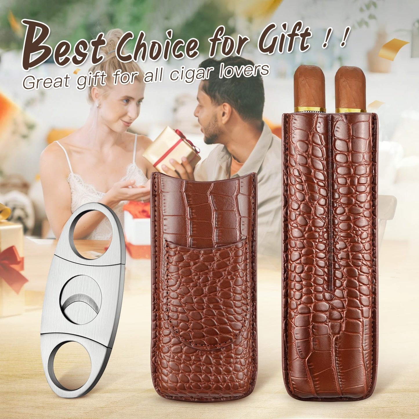 cgaplus 2-Finger Cigar Case with Cutter Crocodile Pattern Leather Cigar Humidor Case Portable Travel Cigar Case for Men(Brown)