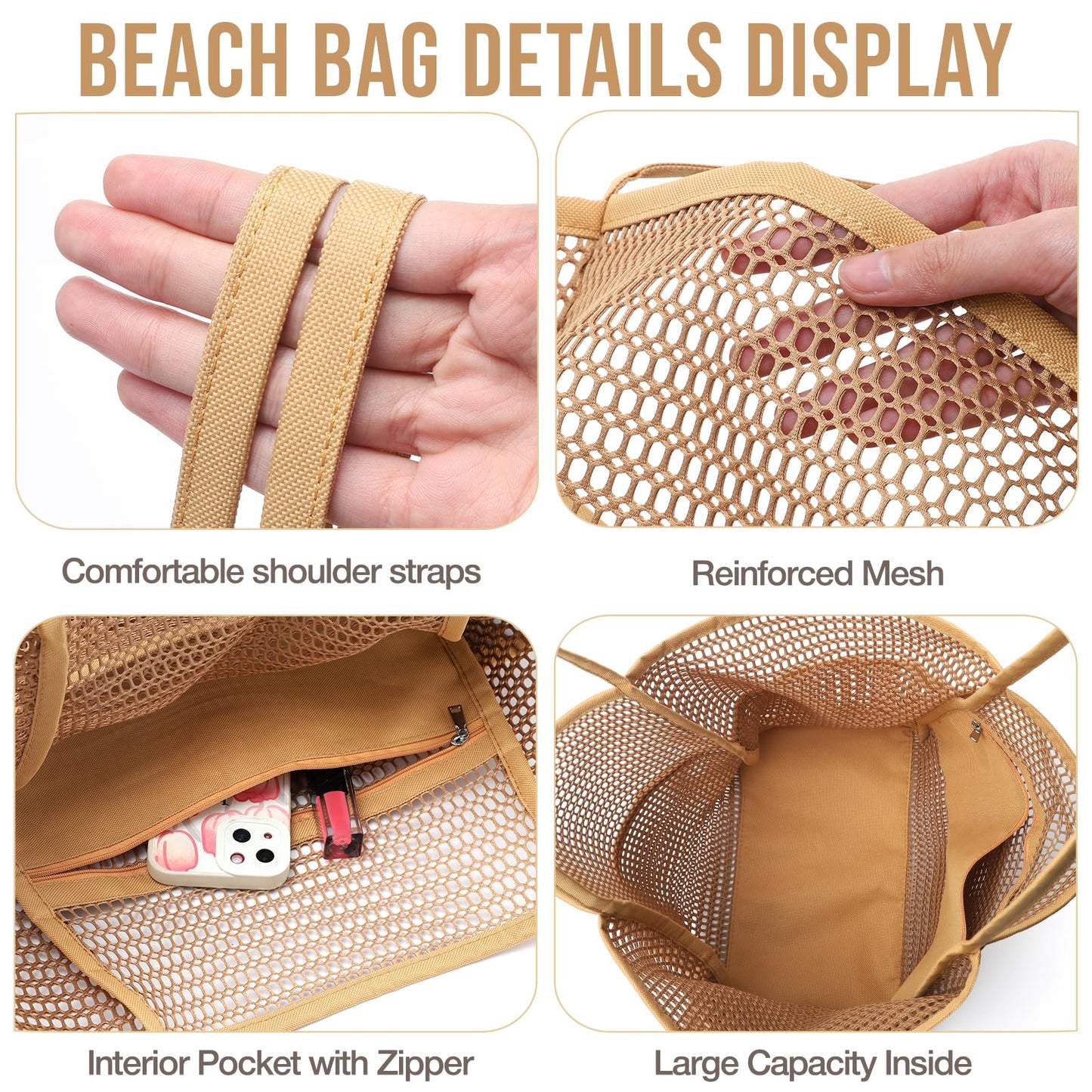 KPX Beach Bag with Mini Pocket, Summer Beach Tote Bags for Women Large Foldable Mesh Swimming Pool Travel Bags - Sandproof(Khaki)