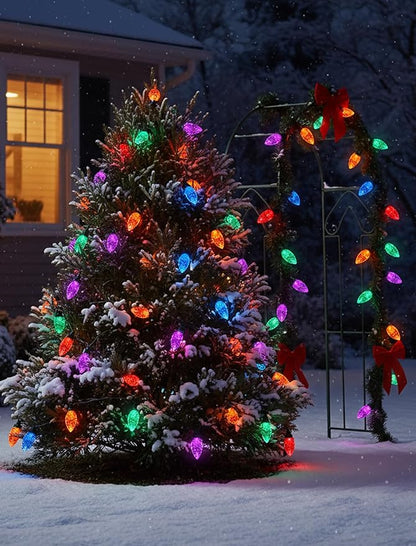 50 Count C9 Christmas Lights Outdoor, 26FT Diamond-Cut Multicolor LED String Lights, Connectable Green Wire Vintage Christmas Lights for House, Roofline, Trees, Garden & Christmas Outdoor Decorations
