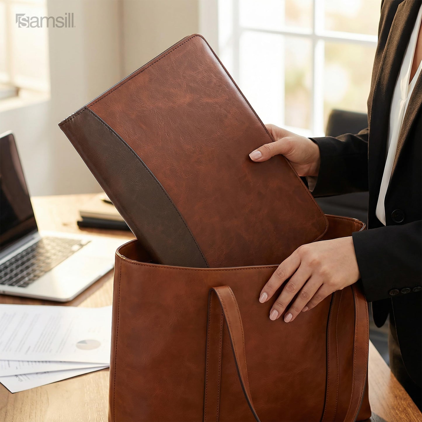 Samsill Two-Tone Padfolio Portfolio Folder, Professional Resume and Document Organizer with 8.5 x 11 Writing Pad, Business Card Pockets and Pen Holder, Faux Leather, Brown/Dark Brown