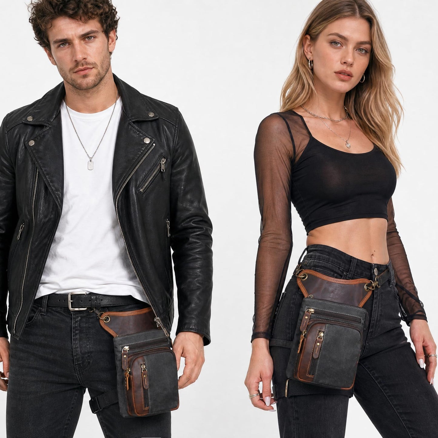 Handadsume Water Resistant Canvas + Leather Motorcycle Fanny Waist Pack One Shoulder Drop Leg Thigh Bag For Men Women FB211-6 (Z-211-11-Black)