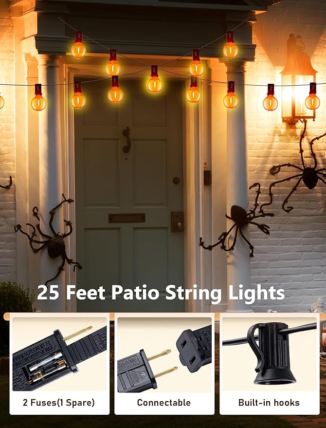 G40 LED Orange Halloween String Lights Outdoor, 25Ft Orange Hanging String Lights with 27 Bulbs for Halloween Thanksgiving Indoor Outdoor Party Chirstmas Festival Haunted House Decor