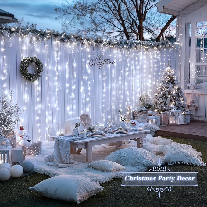 JMEXSUSS 200 LED Fairy Curtain Lights Battery Operated & USB Plug in - Remote Curtain String Lights for Bedroom with 8 Modes, Waterproof Window Lights Outdoor for Backdrop Wedding Party Decor, White