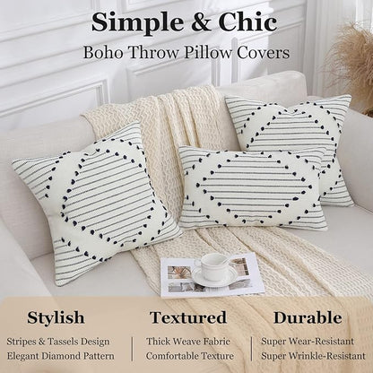 Mecatny Boho Outdoor Throw Pillow Covers 20X20 Set of 2, Farmhouse Decorative Pillow Covers for Couch Sofa Living Room, Navy & Cream White