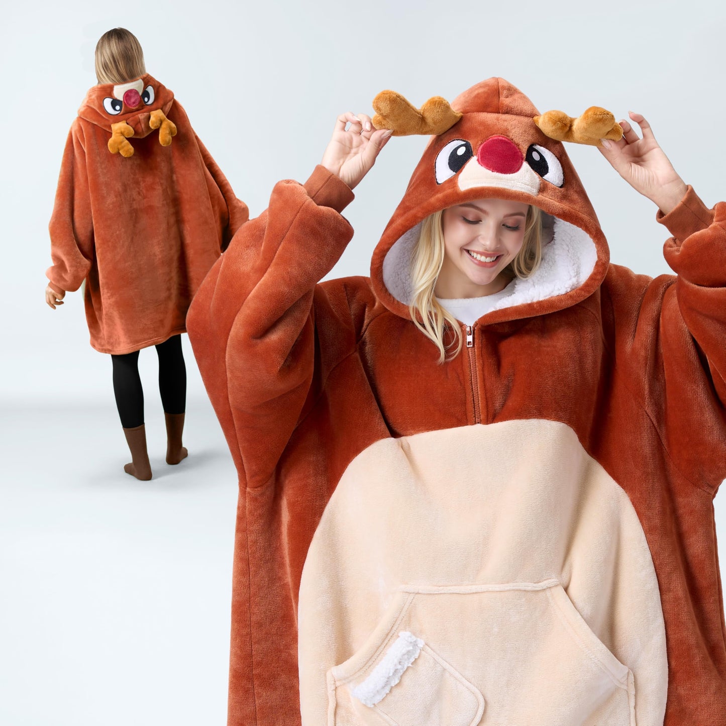 Giggling Getup Wearable Blanket Hoodie for Women Men Sherpa Fleece Hooded Blanket Sweatshirt Warm Cozy Sherpa Wearable Throw Oversized Hoodie with Giant Pocket & Sleeves for Adult Christmas Reindeer