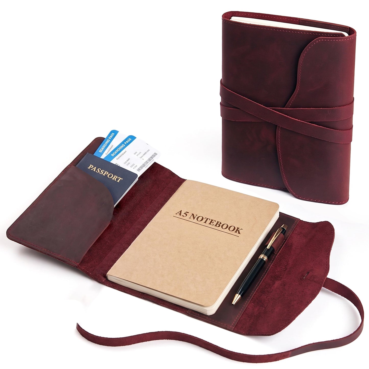 Leather Journal Cover – Refillable A5 Notebook Cover (5.8" x 8.3"), Minimalist Wrap Book Sleeve in Full Grain Leather with Strap Closure, Slim Protective Diary & Planner Cover, Inserts Not Included