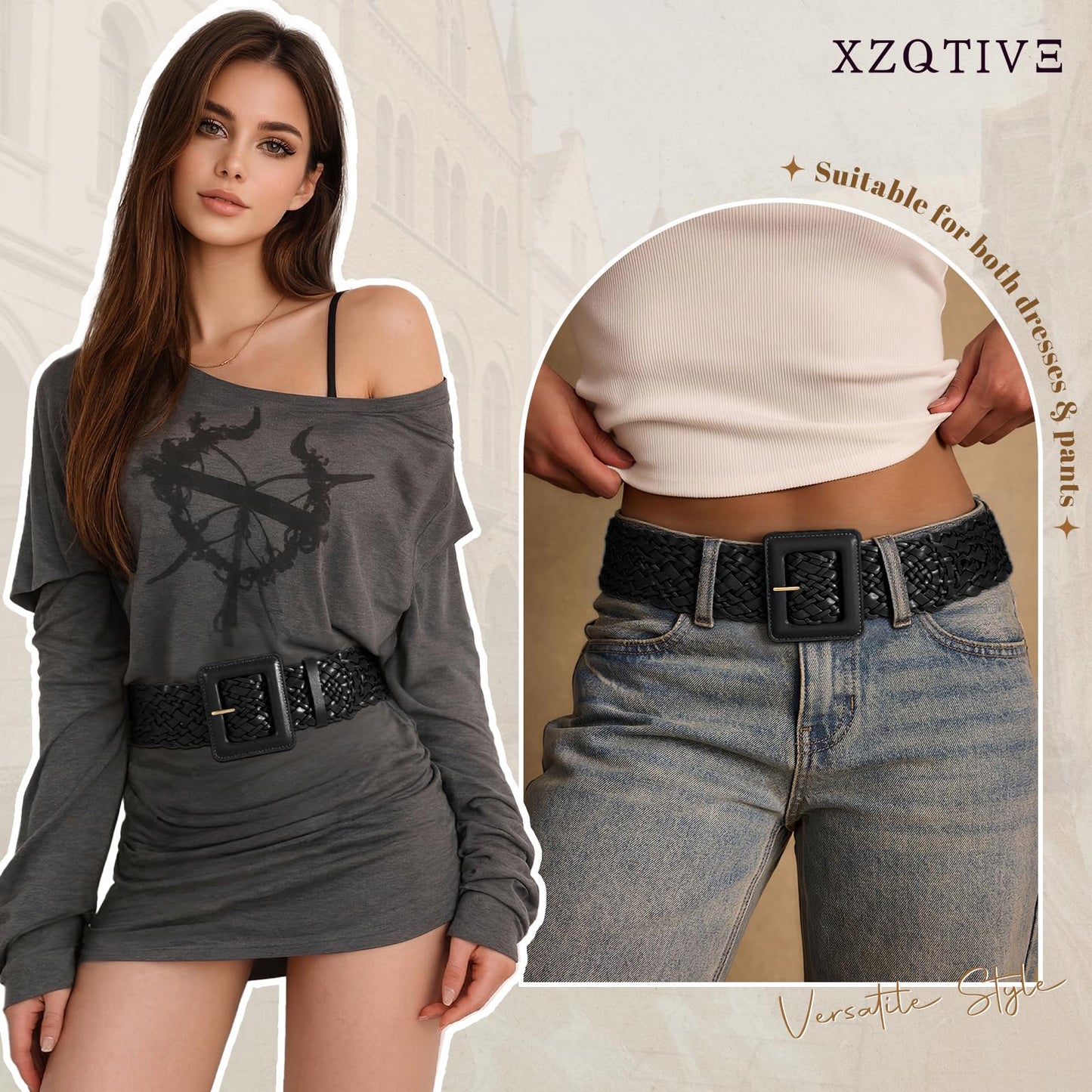 XZQTIVE Women Wide Belt for Dresses Fashion Thick Braided Leather Belts with Square Buckle, Woven Waistband for Ladies, Black(Fit Waist Size Below 27'')