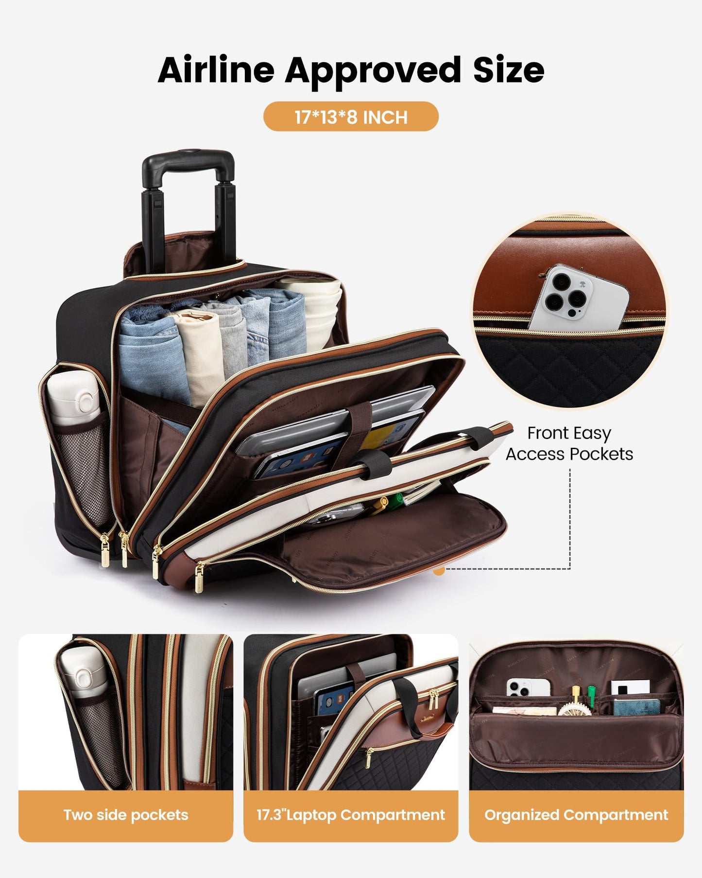 LOVEVOOK Rolling Laptop Bag Women, 17.3 Inch Laptop Briefcase with Wheels, Soft Sided Underseat Carry On Luggage Personal Item Suitcase for Work Travel Business, Black Brown Beige