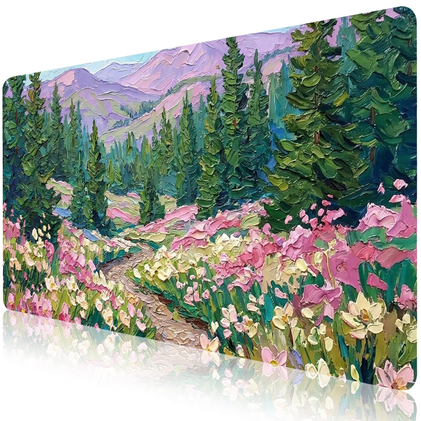 CozyNestCY Oil Painting of Flowers Office Desk Mat 27.6'‘ x 13.8’' Desktop Mat PU Leather Large Mouse Pad Green Mousepad Non-Slip Table Mat for Girls, Women, Home, Work, Computer, and Gaming