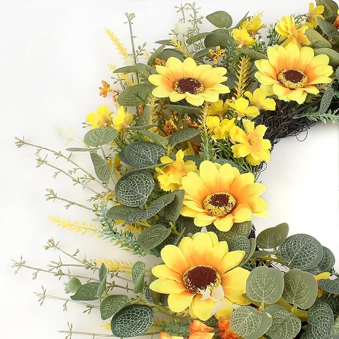 24" Sunflower Wreath for Front Door - Artificial Floral Lush Summer Wreath with Adjustable Headband & DIY Decor for Wall, Home, Wedding, Party, Christmas (Yellow)