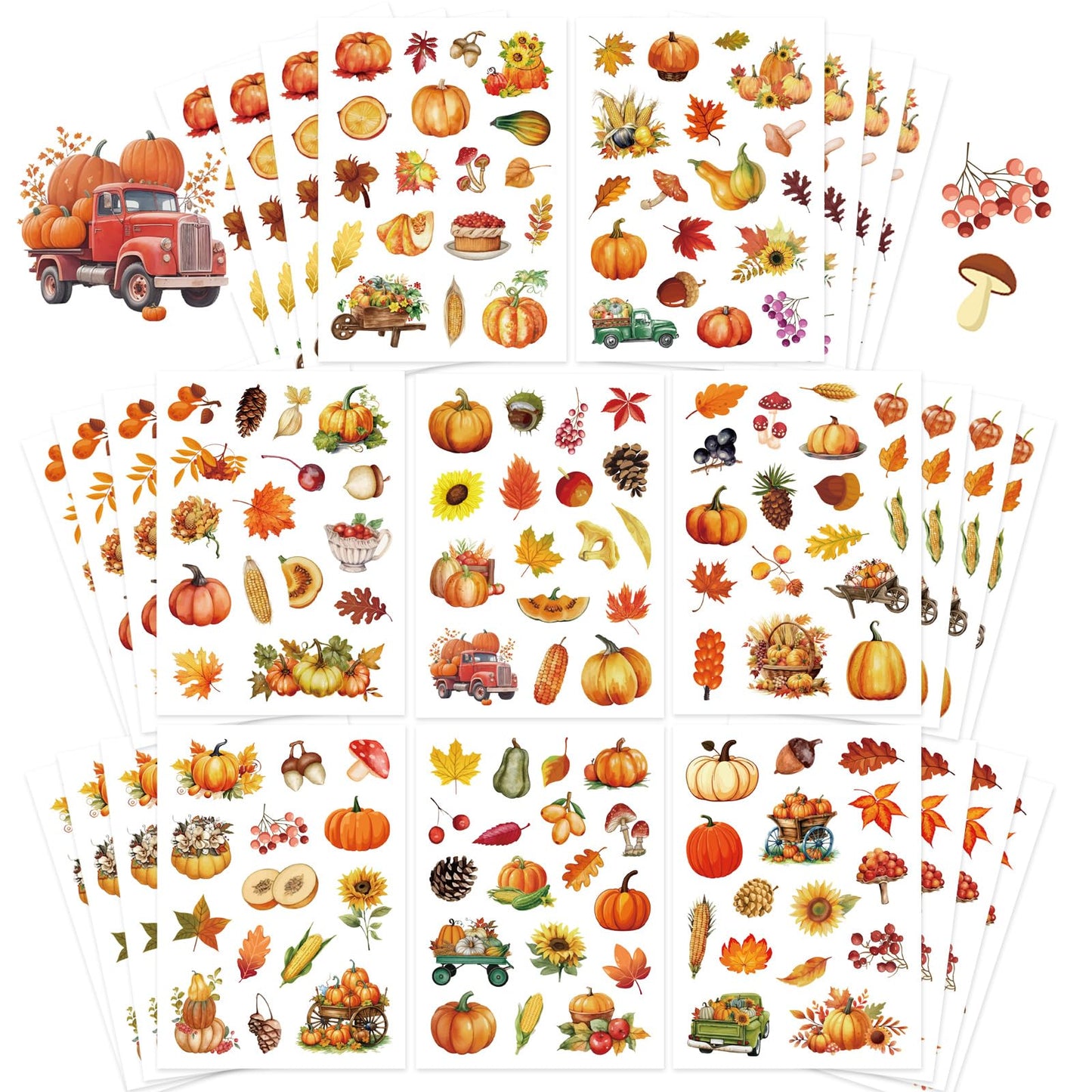 32 Sheets Fall Theme Sticker, Pumpkin Stickers, Hello Autumn Sticker, Thanksgiving Stickers for Kids, Fall Harvest Food Pumpkin Maple Leaves, Thanksgiving Party Favors Supplies