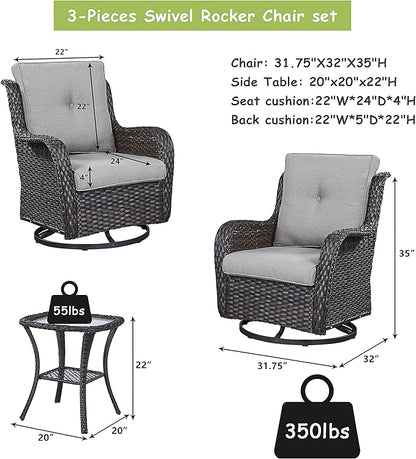 Rilyson Wicker Rocking Chair Swivel Chairs – 6 Piece Rocker Patio Furniture Set Rattan Rocking Bistro Sets with Glass Top Side Table for Outdoor Porch Deck Garden Backyard(Brown/Grey)