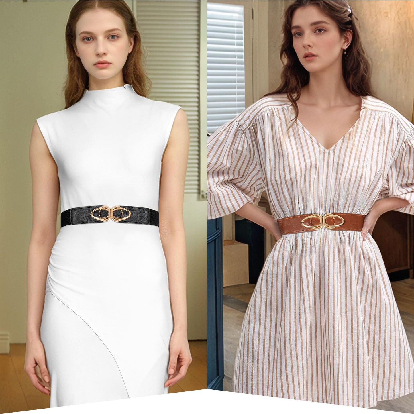 WERFORU Women Elastic Belts,Skinny Stretch Vintage Fashion Waistband for Dress with Gold Buckle 4 Pack 1.5" Width
