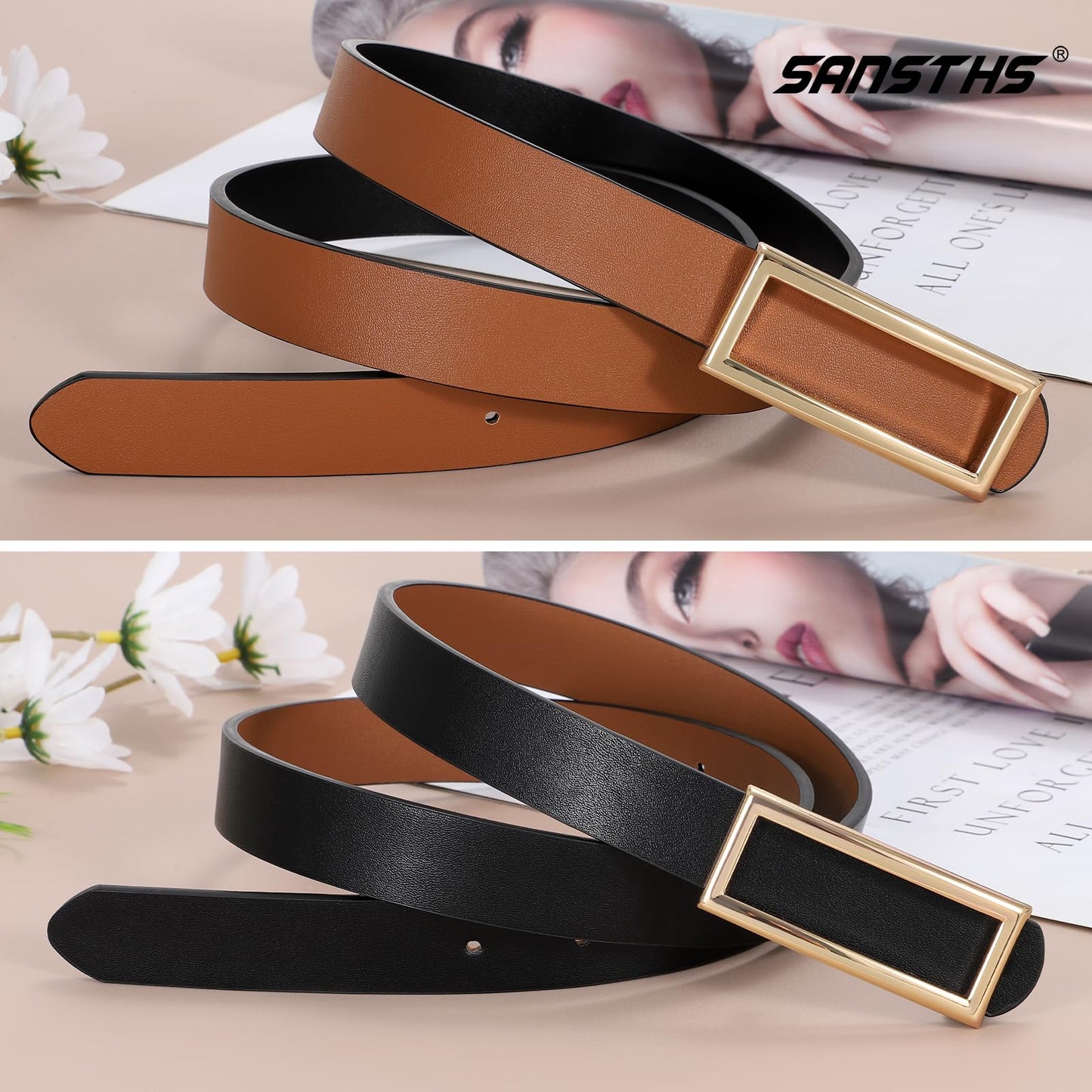 SANSTHS Skinny Reversible Belts for Women, Two-in-one Women Thin Belt for Dresses Jeans Pants with Gold Buckle, Black/Brown XS